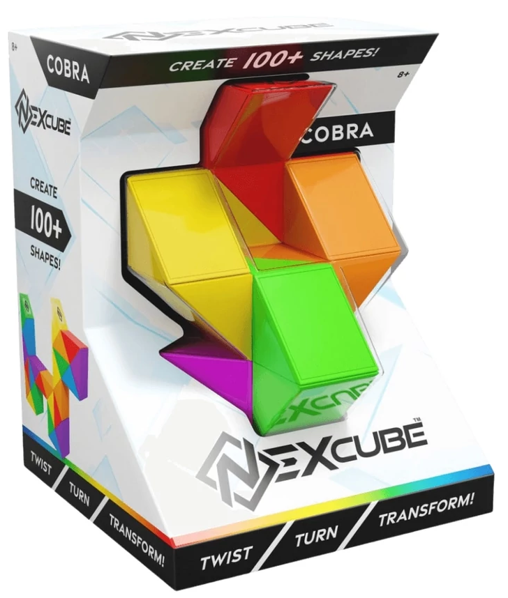 Egy NexCube Cobra puzzle doboz, színes puzzle-lel, fehér háttér előtt.