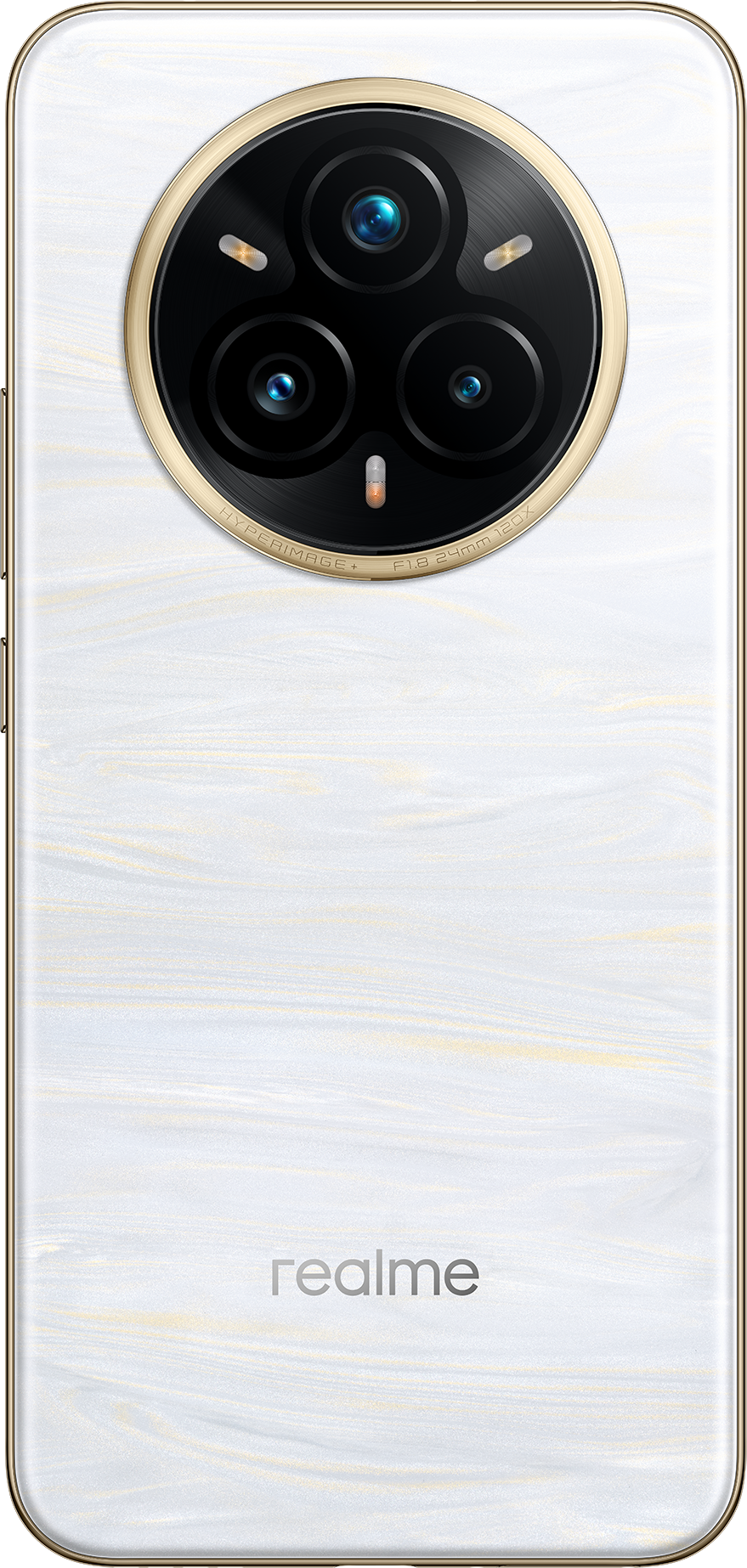 Fehér telefon márvány textúrával, arany kerettel és háromlencsés kamerával. Realme logó alul.