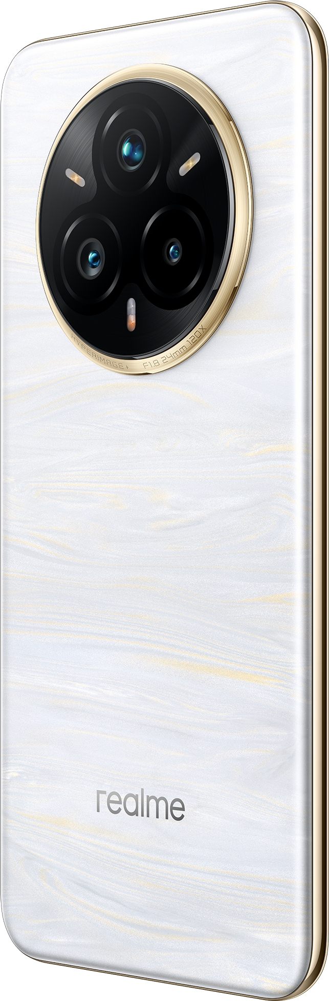 Egy fehér Realme telefon arany szegéllyel és kör alakú kamera dizájnnal.