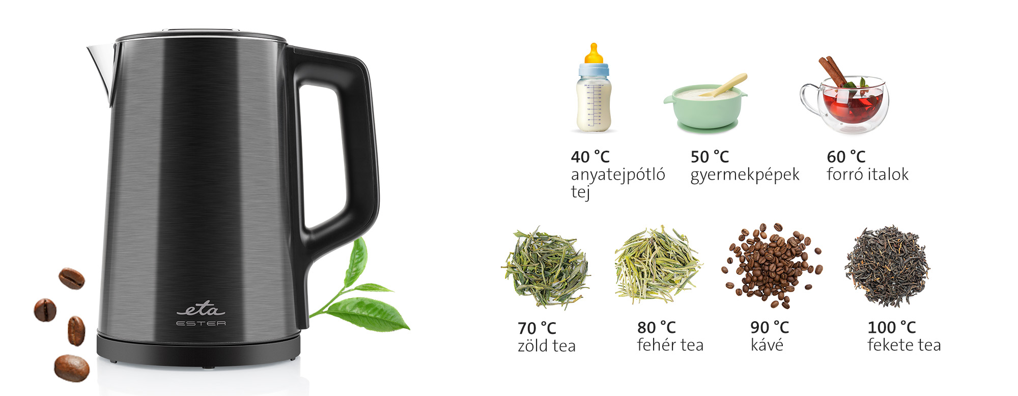 Fekete elektromos vízforraló különböző hőmérséklet beállításokkal. Fehér háttér. Tea, kávé, tej.