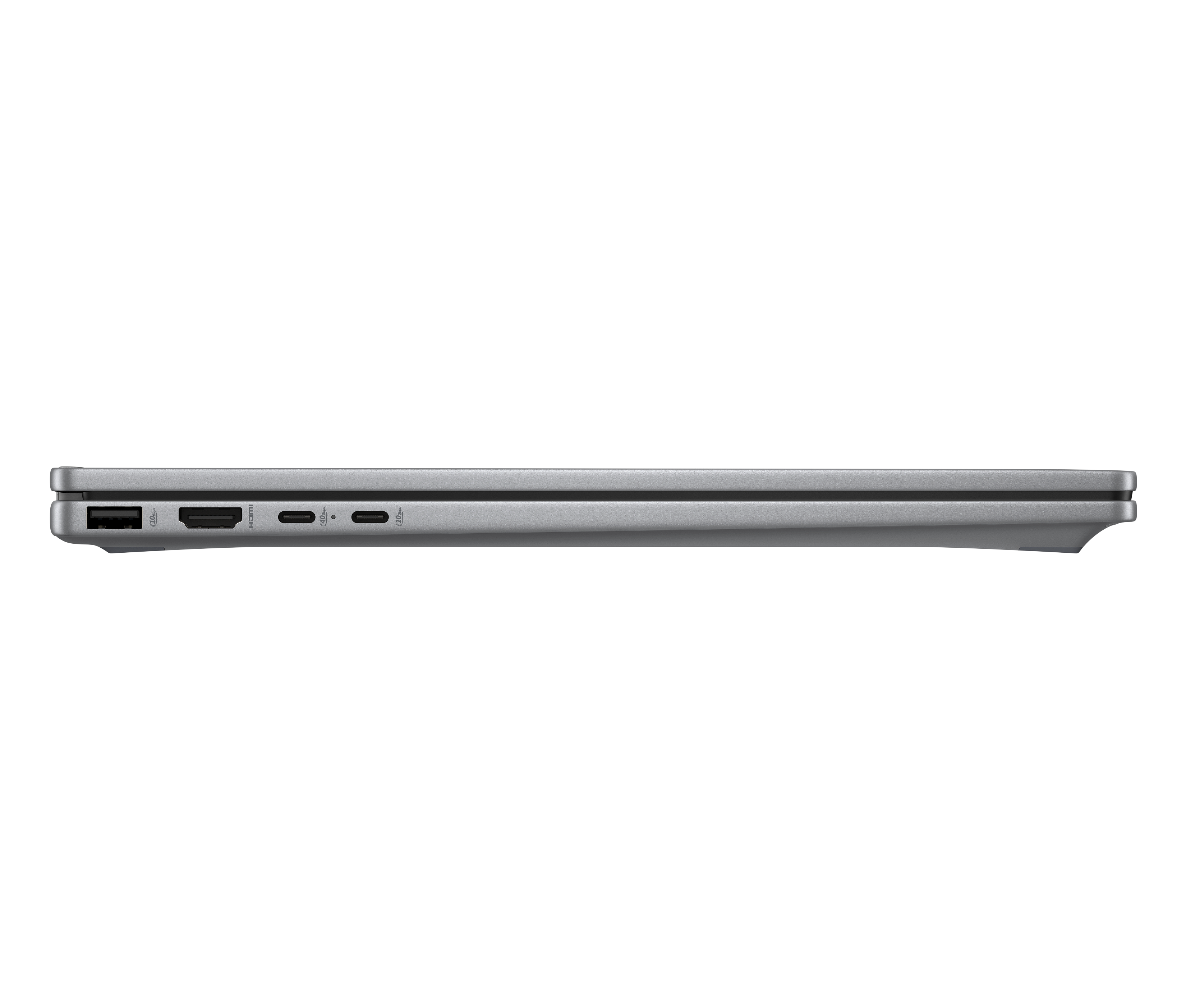 Seitenansicht eines silbernen Laptops mit Anschlüssen, schwarzer Hintergrund.