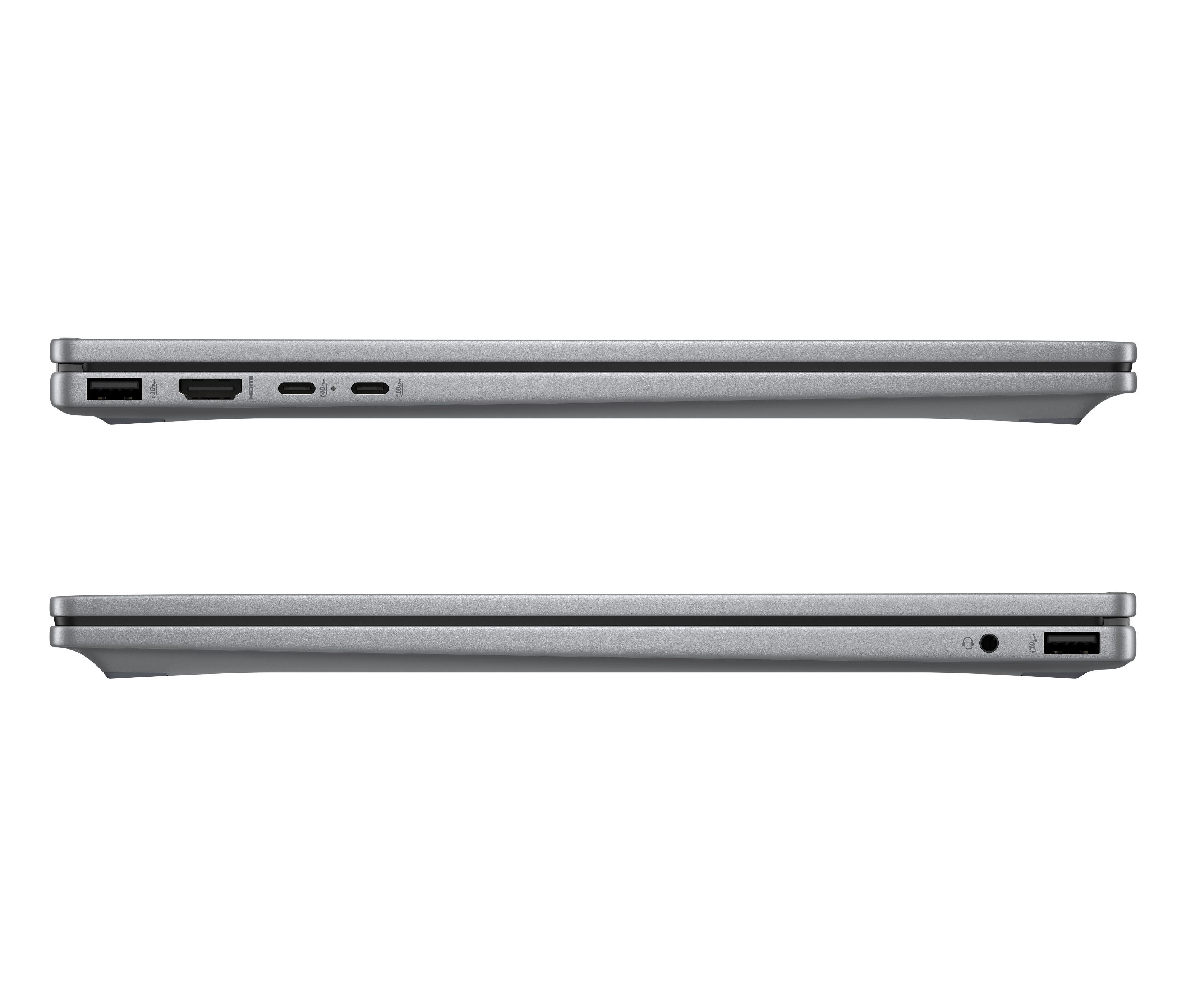 Das Seitenprofil eines silbernen Laptops mit schwarzem Bildschirm.
