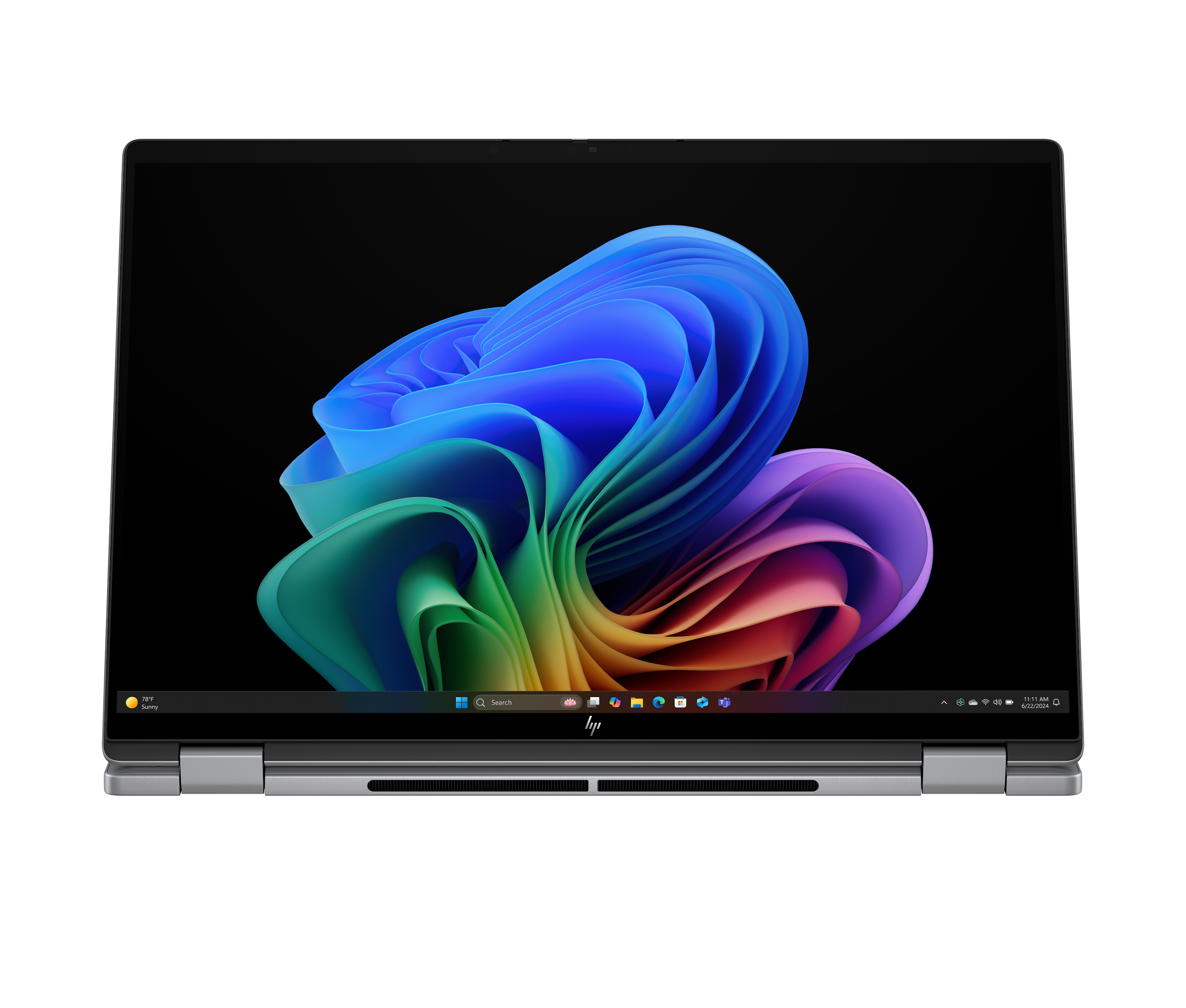 Ein Laptop mit einem farbenfrohen abstrakten Design auf dem Bildschirm.