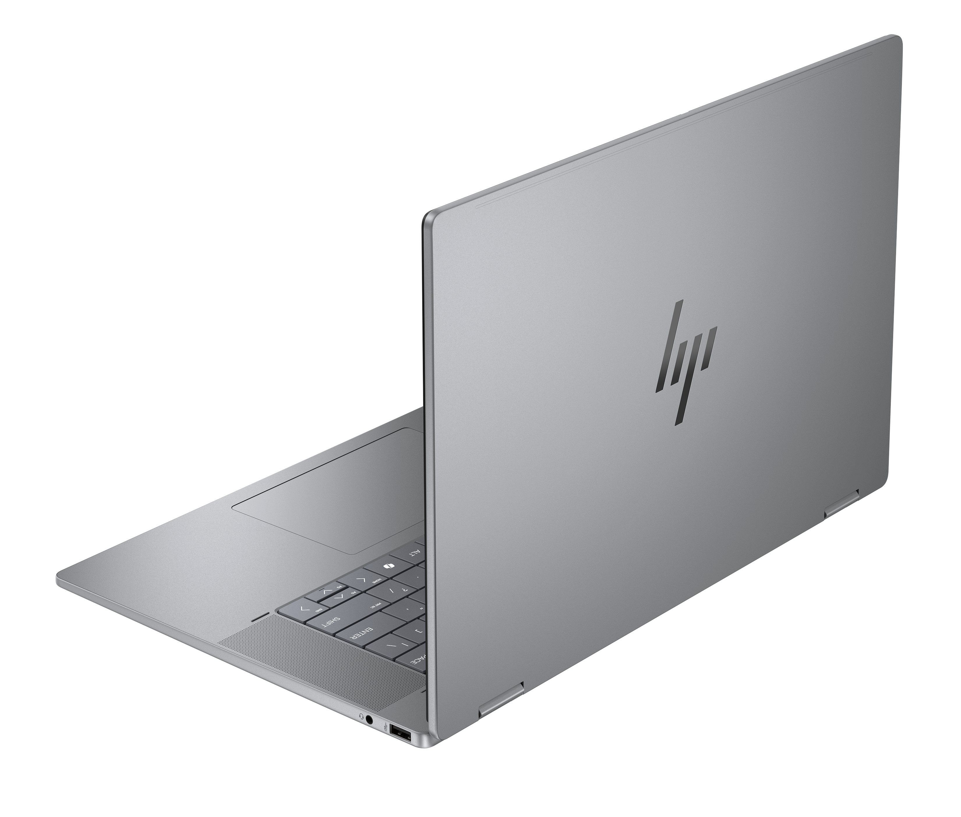 Laptop, offen, abgewinkelte Ansicht, silberne Farbe, HP-Logo.