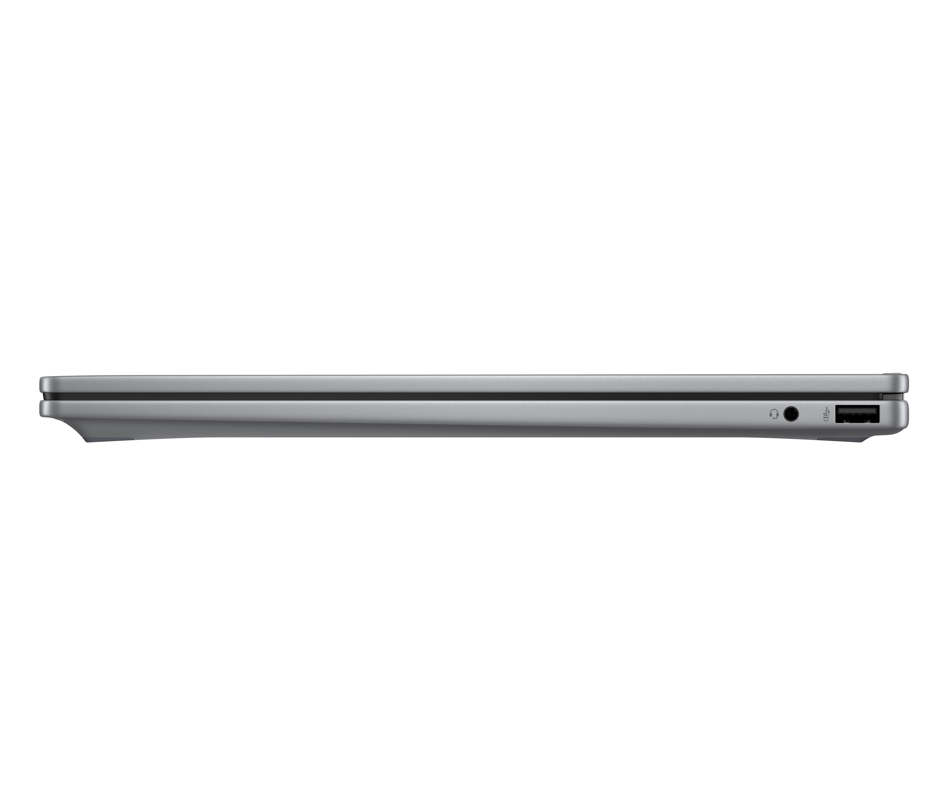 Seitenansicht eines schlanken grauen Laptops mit Anschlüssen. Er hat einen Kopfhöreranschluss und einen USB-Anschluss.