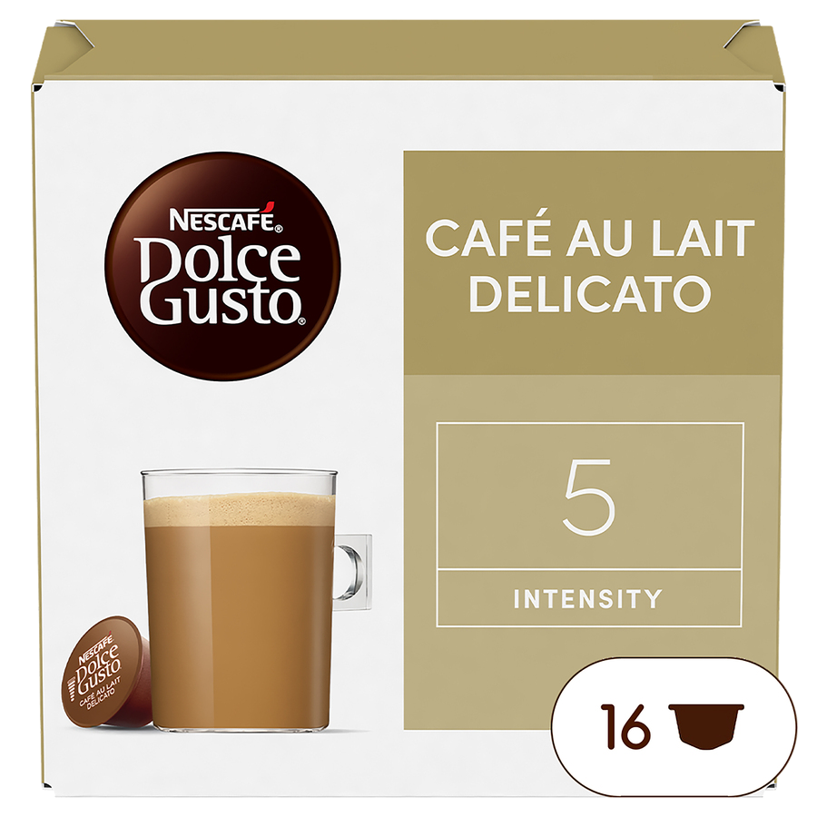 Caja Nescafe Dolce Gusto Cafe Au Lait con taza y cápsula.