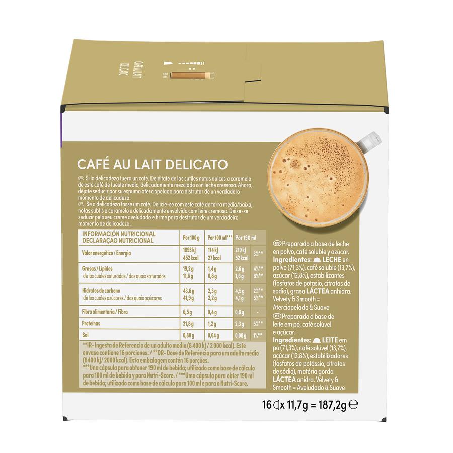 Panel de información nutricional para Café Au Lait, con detalles y una taza de café.