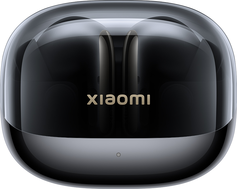 Étui de chargement d'écouteurs Xiaomi noir, dessus transparent, avec logo 'Xiaomi'.