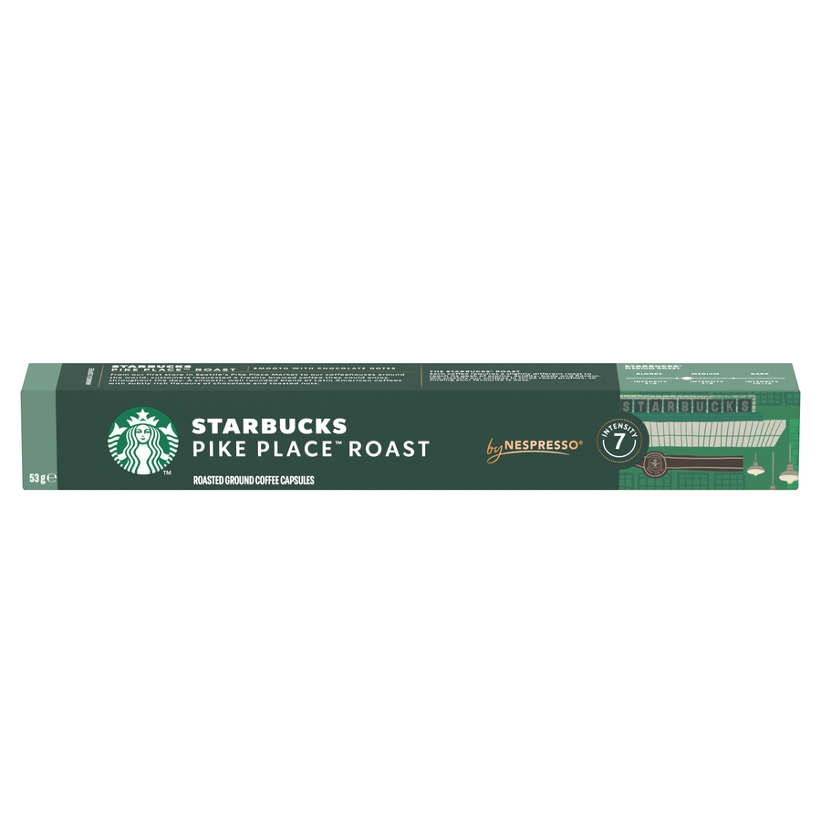 Una caja de cápsulas de café Starbucks Pike Place Roast. Embalaje verde, intensidad del café 7.