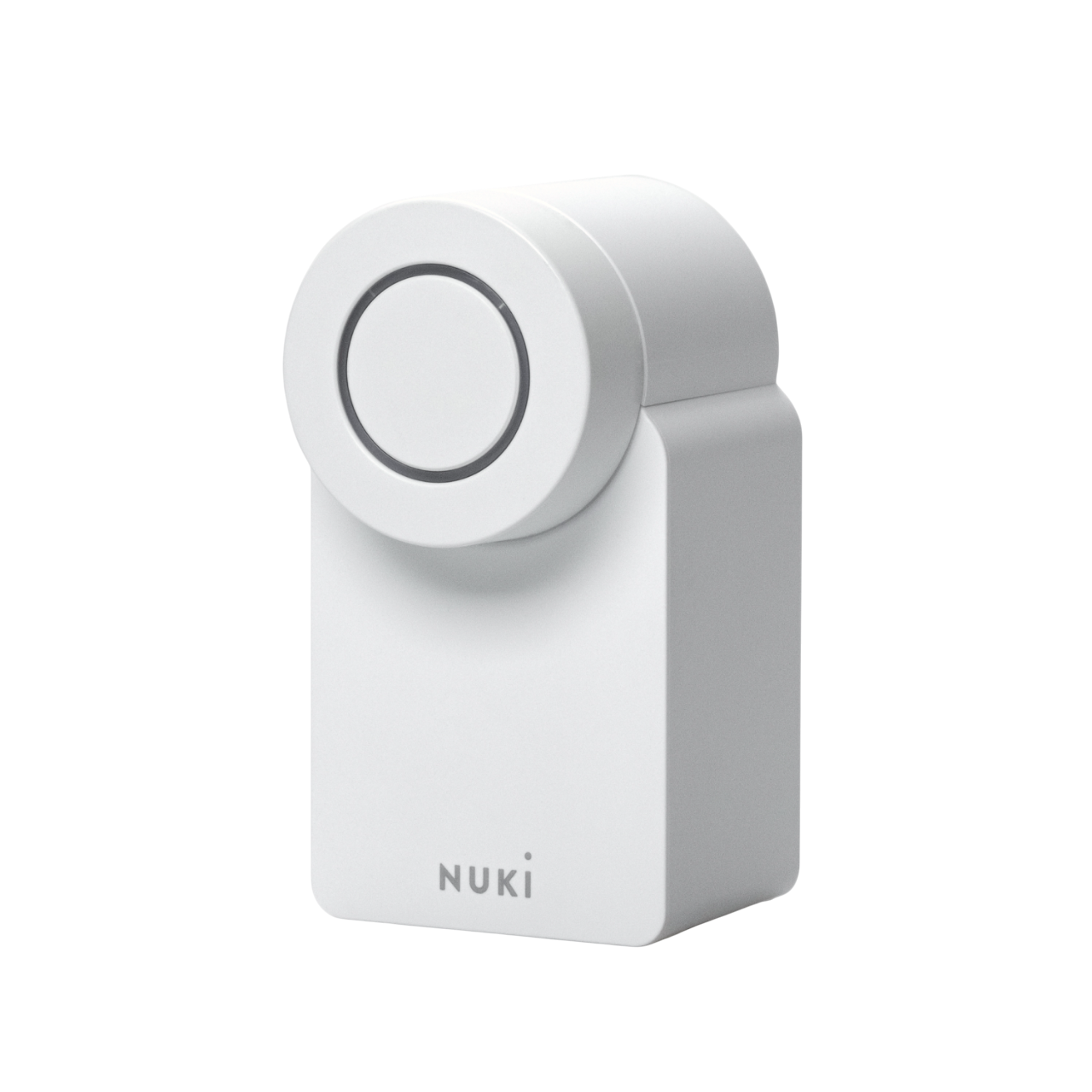 Weißes Nuki Smart Lock. Ein Smart Home Gerät in zylindrischer Form mit kreisförmigem Design.