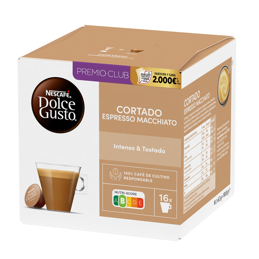 Caja de cápsulas de café Nescafé Dolce Gusto Cortado, con una taza de café.