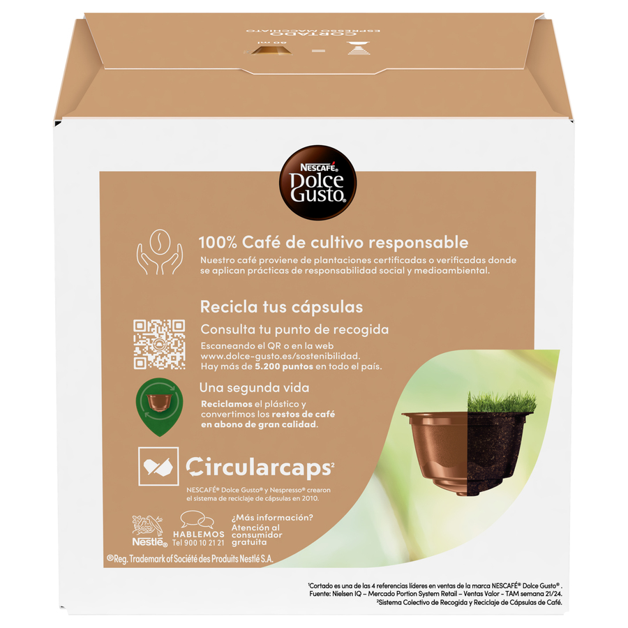 Embalaje de cápsulas de café Nescafe Dolce Gusto. Muestra cápsulas reciclables e instrucciones.