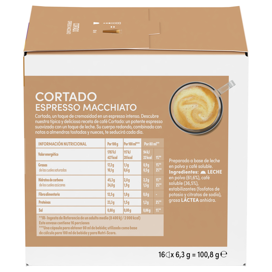 Caja de Cortado Espresso Macchiato con información nutricional impresa.