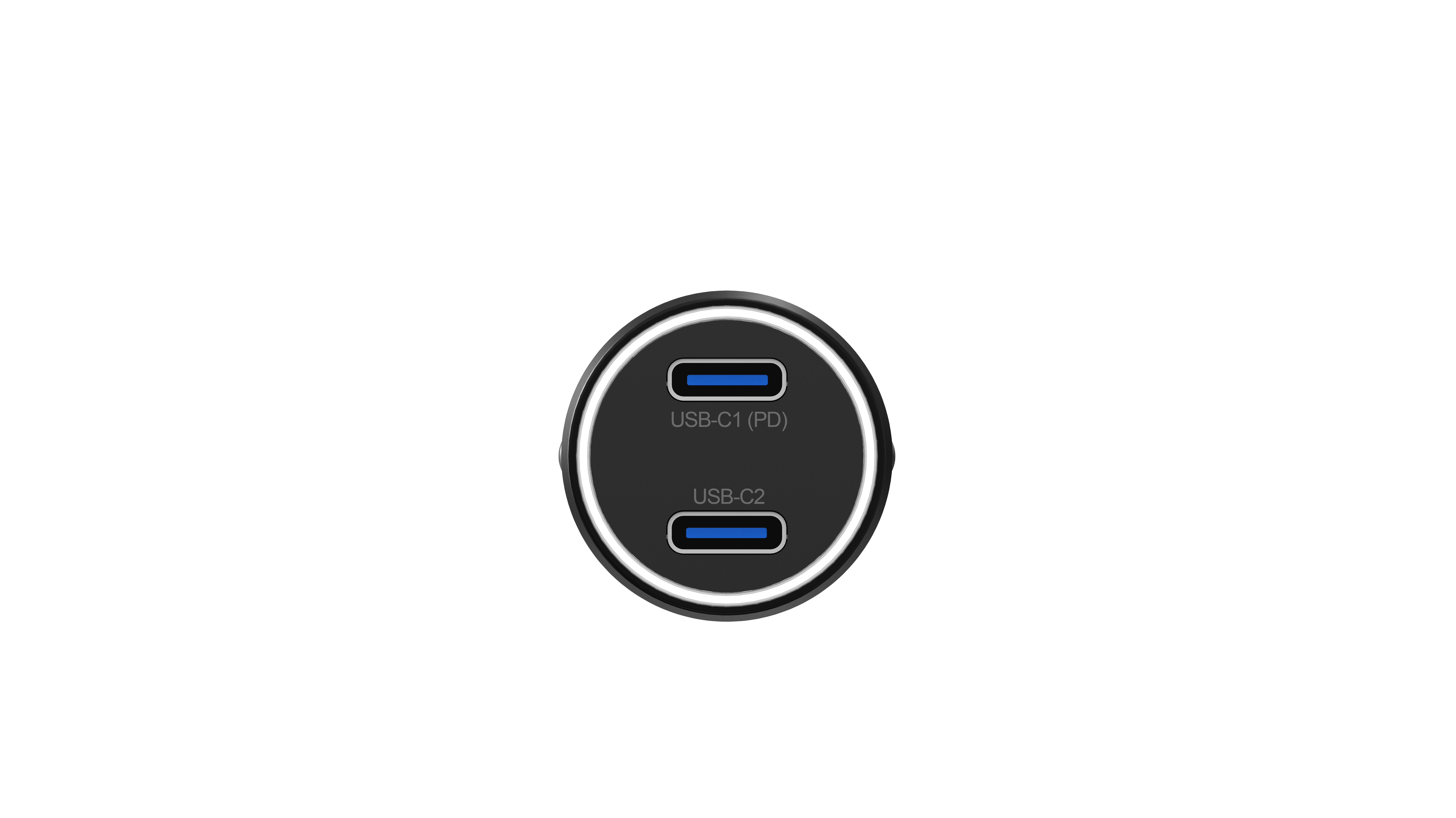 Ein schwarzes USB-Ladegerät mit zwei Anschlüssen. Der obere Anschluss ist USB-C1 (PD), der untere Anschluss ist USB-C2.