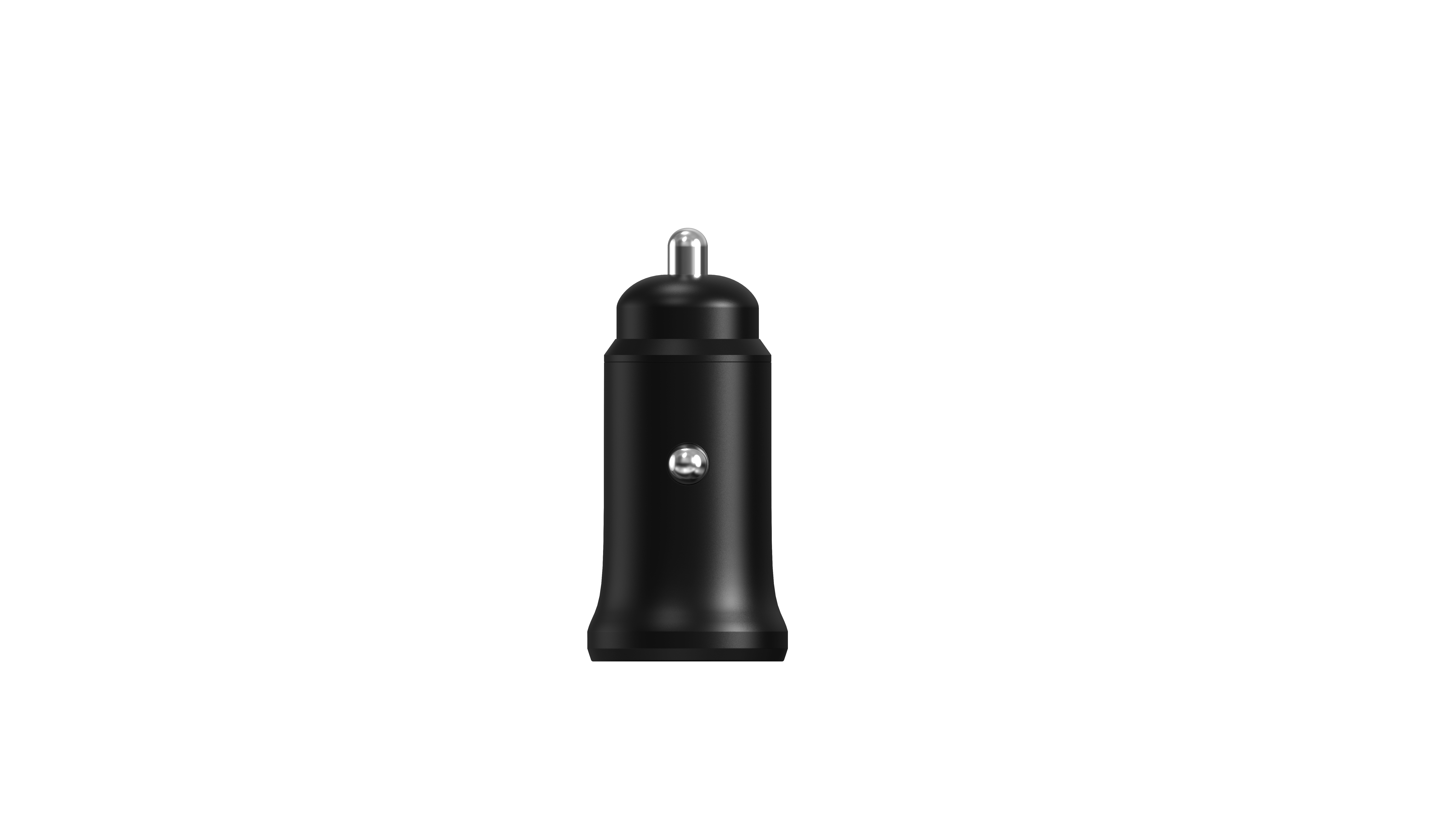 Ein schwarzer Autoladeadapter mit silberner Spitze und Knopf, vor weißem Hintergrund.