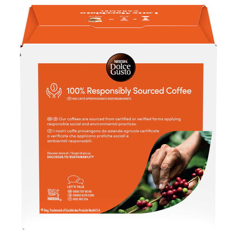 Parte trasera de una caja Nescafé Dolce Gusto con información sobre café de origen responsable.