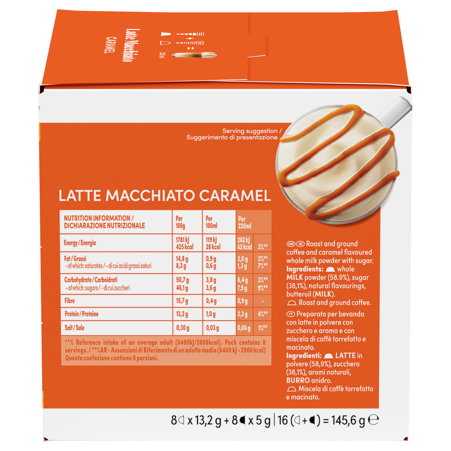 Panel de información nutricional para Latte Macchiato Caramel, con detalles de ingredientes.
