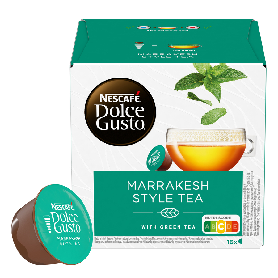 Caja y cápsula de Nescafé Dolce Gusto Marrakesh Style Tea, con una ilustración de taza de té.