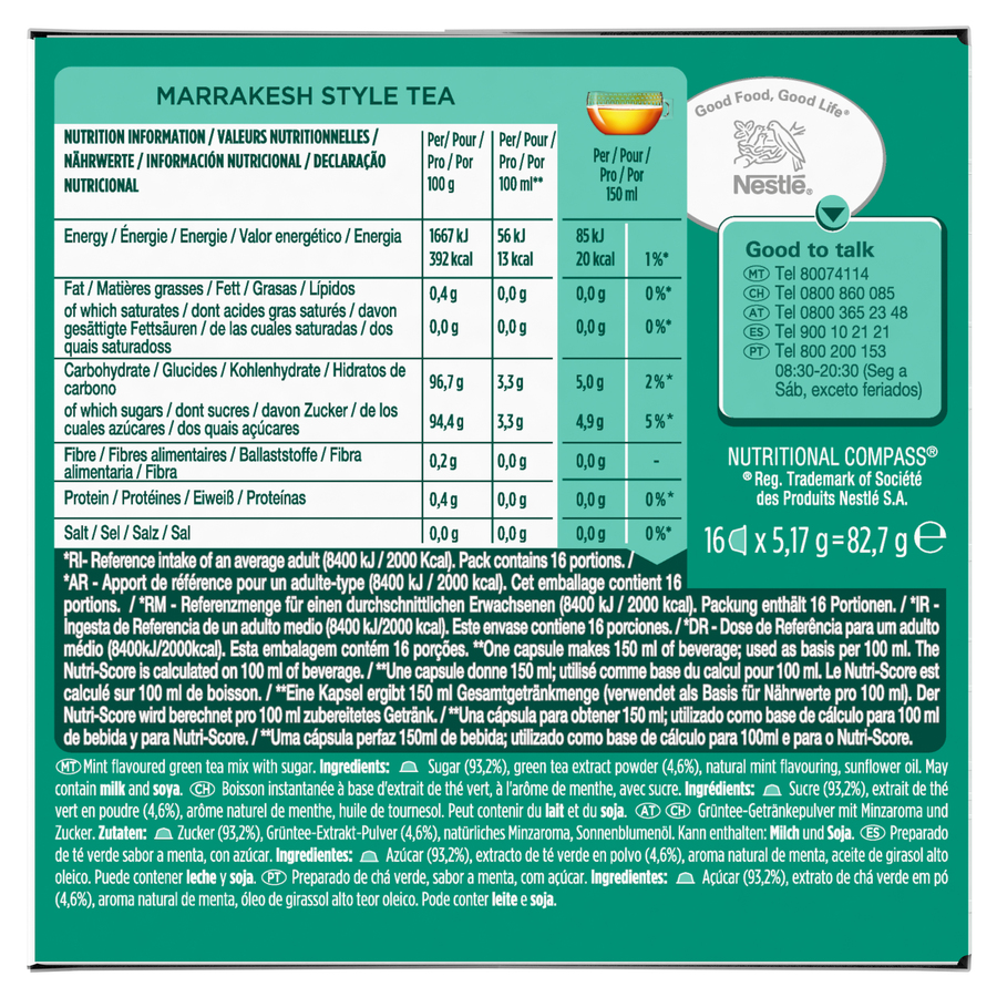 Tabla de información nutricional del té estilo Marrakesh, con valores de energía, grasa, carbohidratos y proteínas.