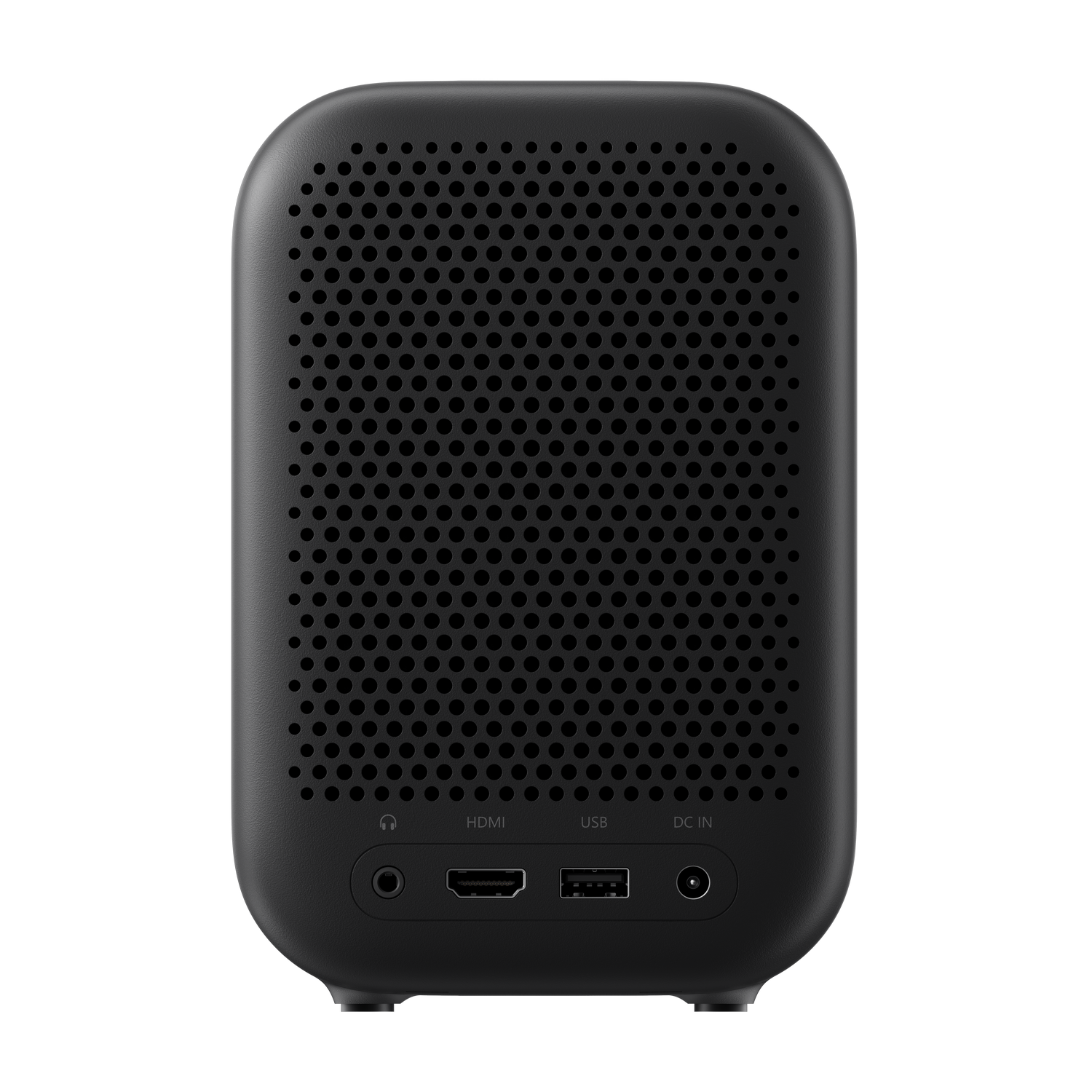 Parte trasera de un altavoz negro con perforaciones y puertos.
