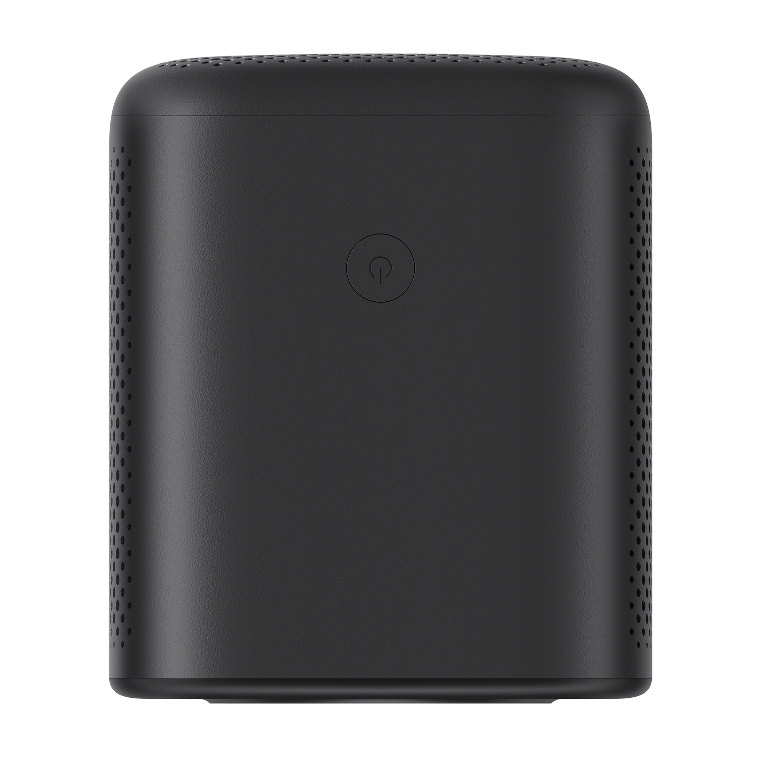 Purificador de aire negro. Tiene un símbolo de botón de encendido arriba.