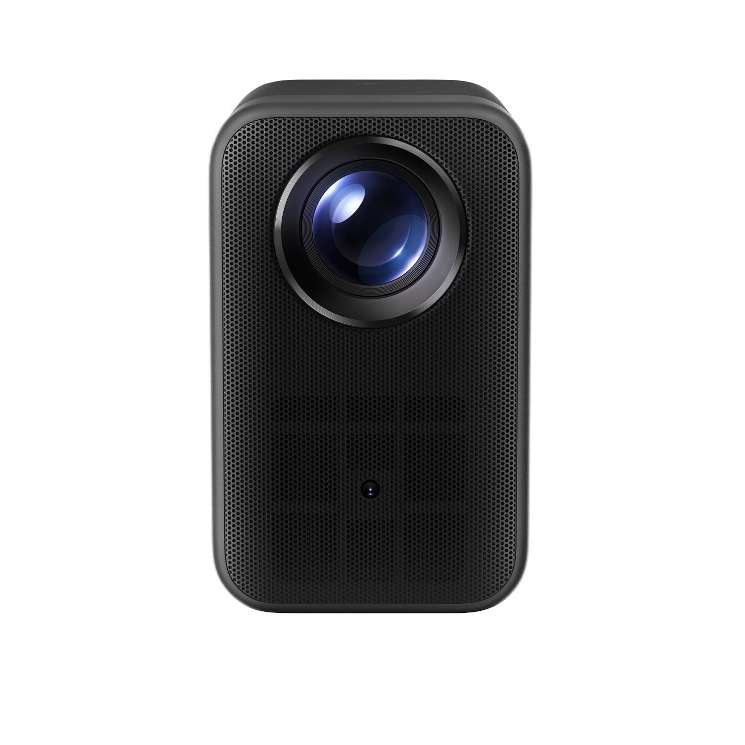 Un proyector negro con una lente grande, sobre un fondo oscuro. Tiene un diseño perforado.