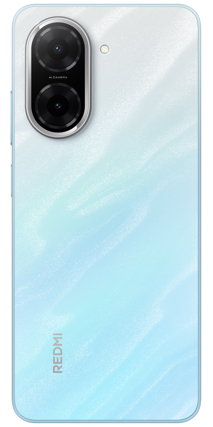 Un teléfono inteligente con degradado blanco y azul, con doble cámara y el logotipo REDMI.