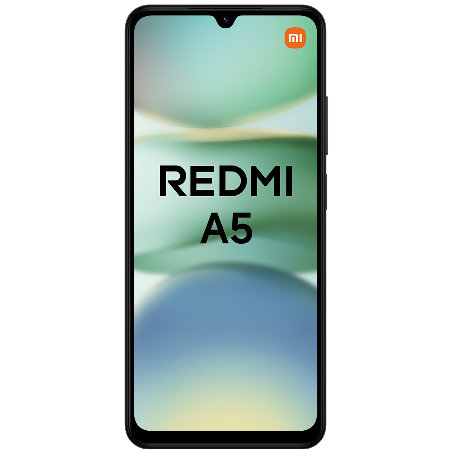 Un teléfono Redmi A5. La pantalla muestra un fondo colorido con el logotipo de Redmi.