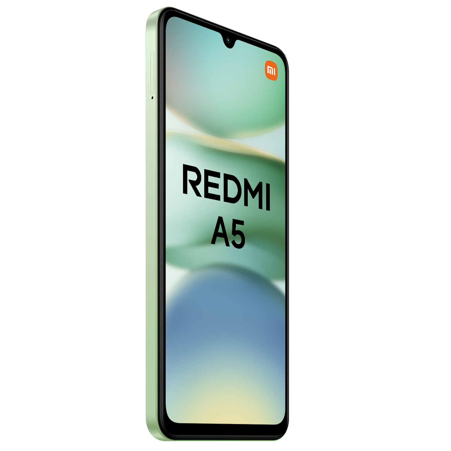 Un smartphone Redmi A5 verde claro, en ángulo, con el nombre de la marca visible.