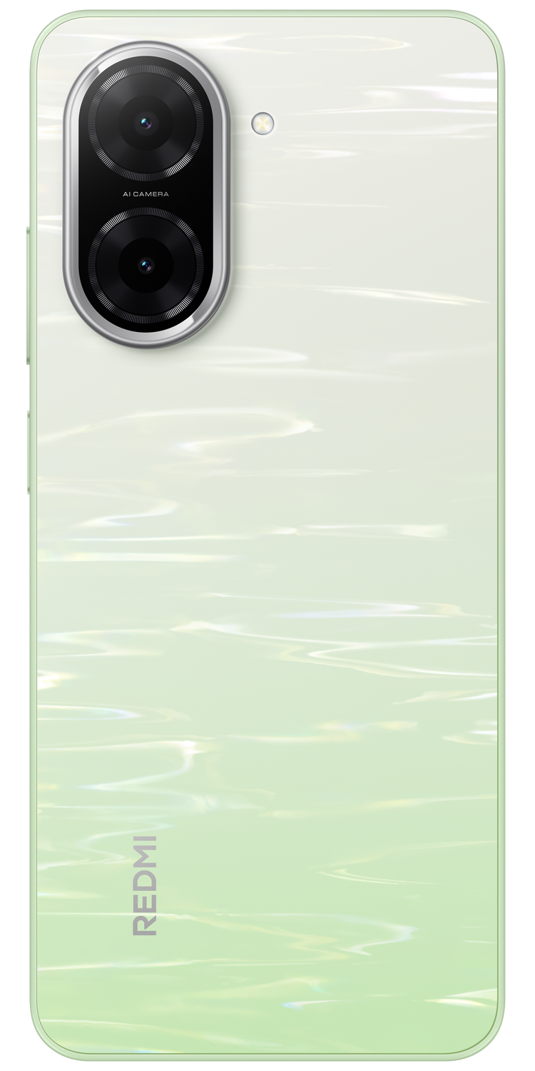 Parte trasera de un smartphone verde con cámara dual, texto AI camera y logotipo Redmi. El fondo tiene un efecto de agua.