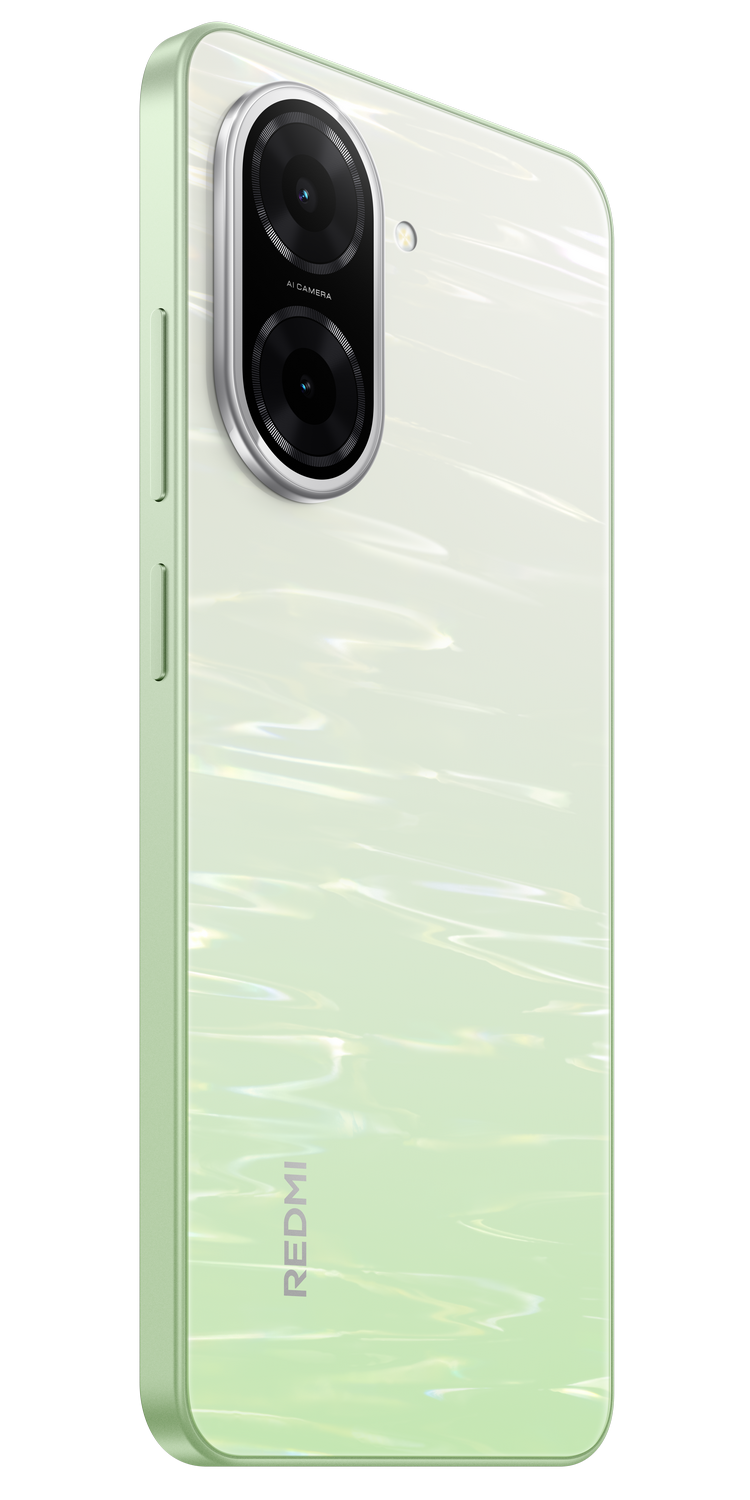 Parte trasera de teléfono verde con cámaras duales y logo Redmi, sobre fondo borroso.