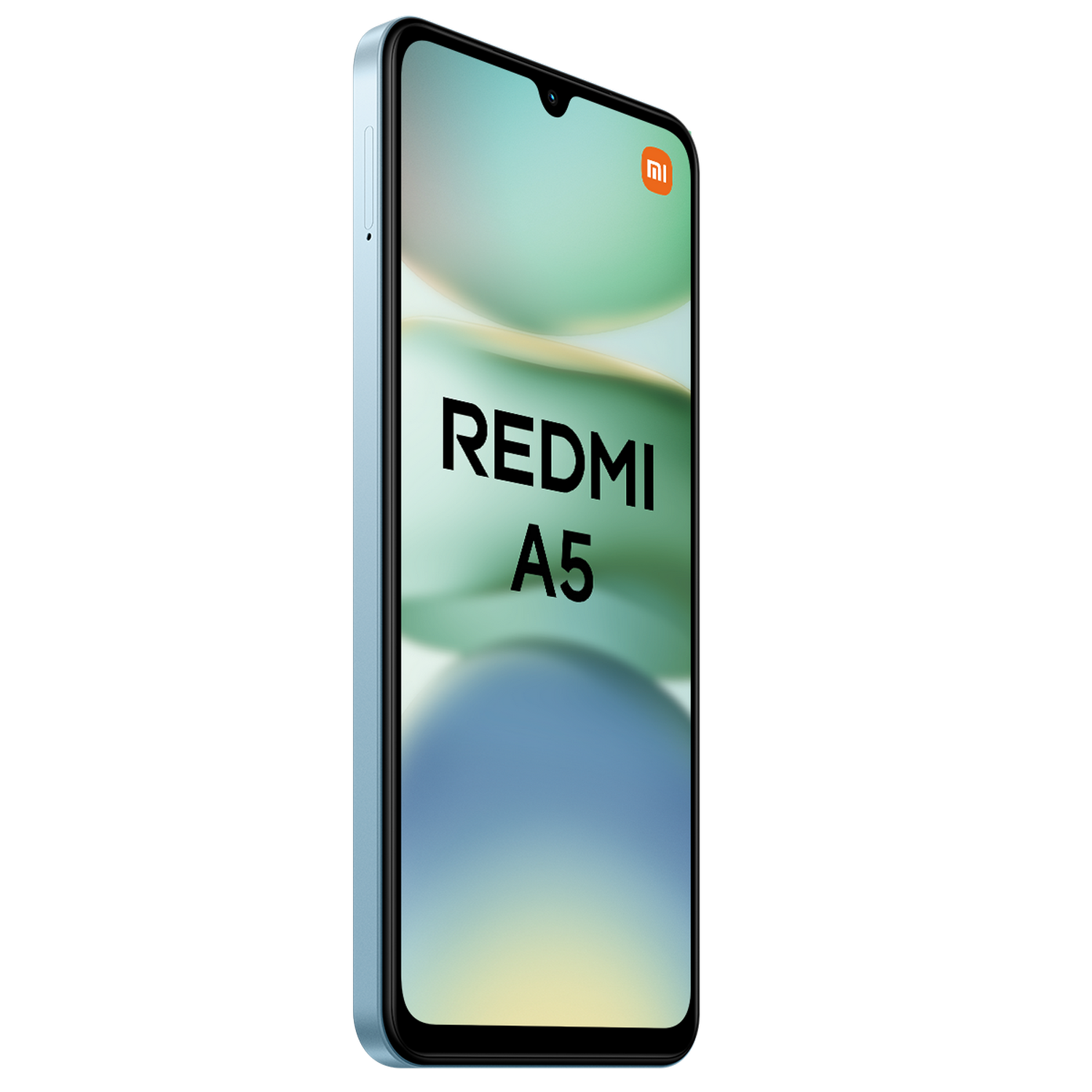 Teléfono Redmi A5 azul con pantalla que muestra el nombre. El fondo está borroso con verde y azul.