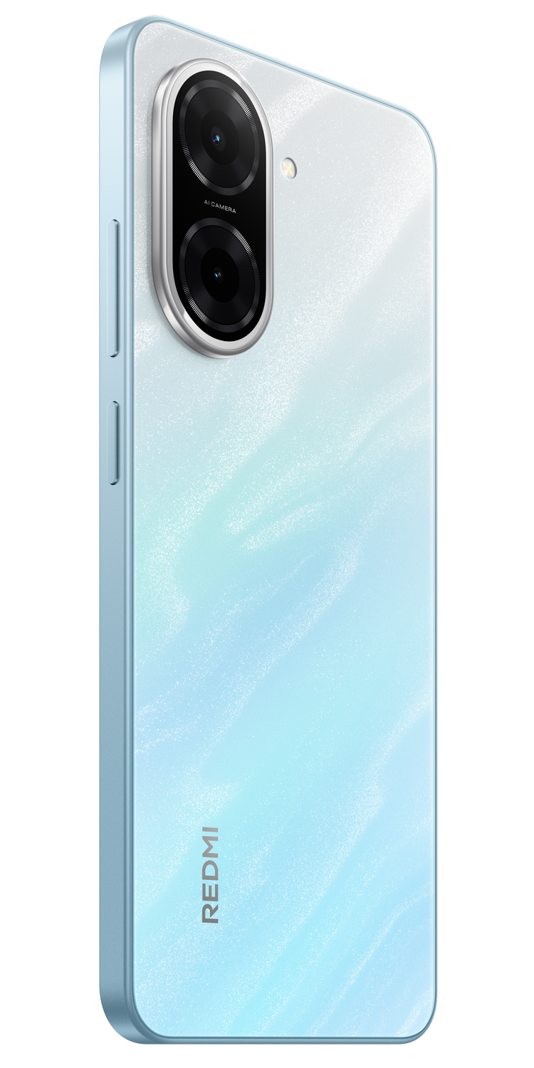Un smartphone Redmi turquesa con un degradado blanco en la parte trasera, en ángulo, sobre un fondo negro.