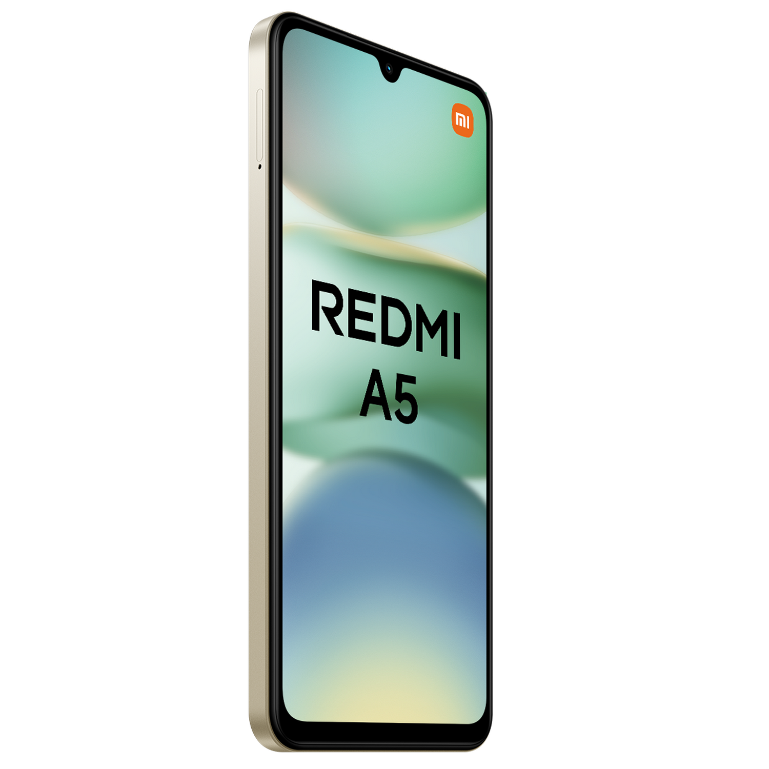 Teléfono Redmi A5 dorado con pantalla que muestra el nombre. El fondo está borroso con verde y azul.