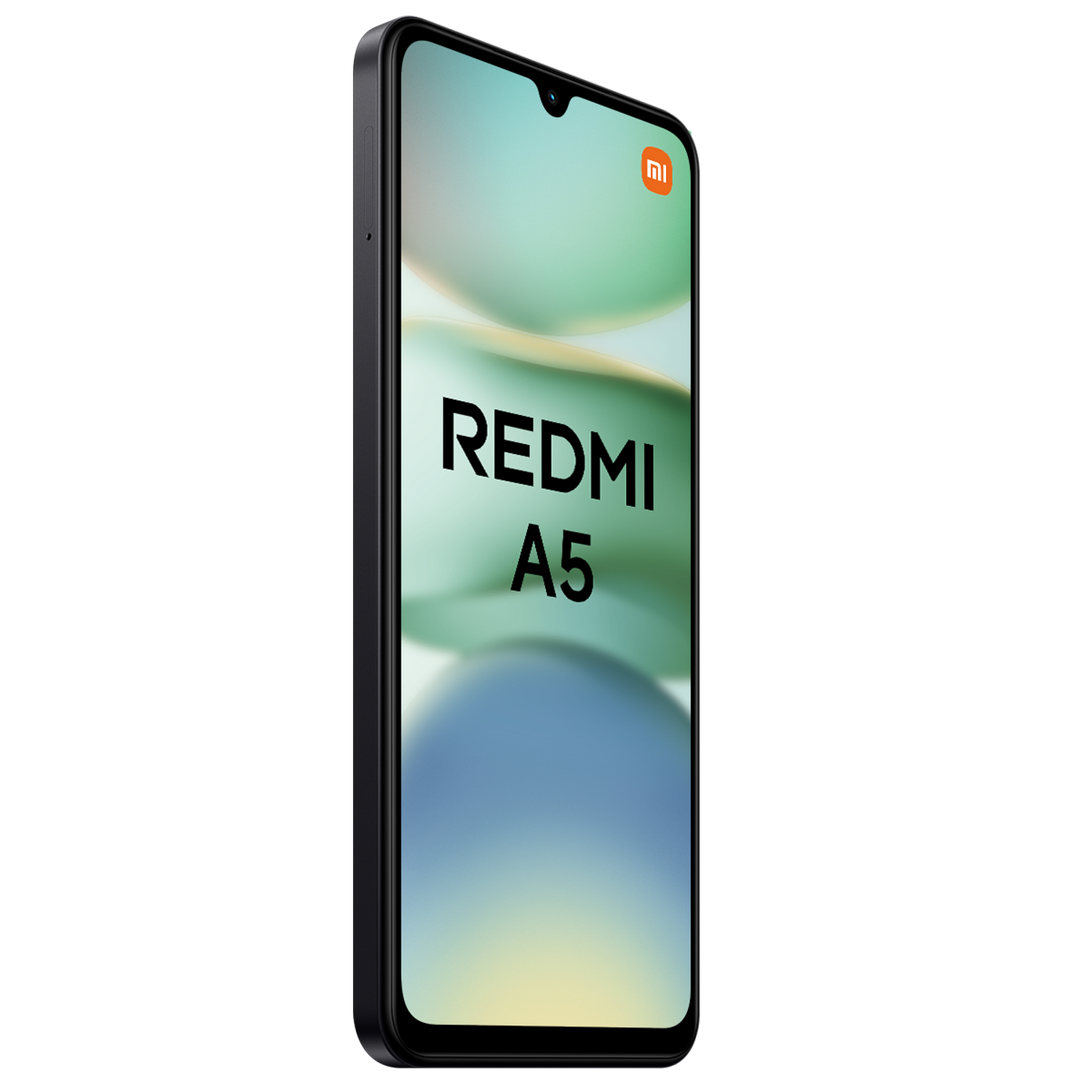 Smartphone Redmi A5 negro sobre fondo negro con un fondo degradado.