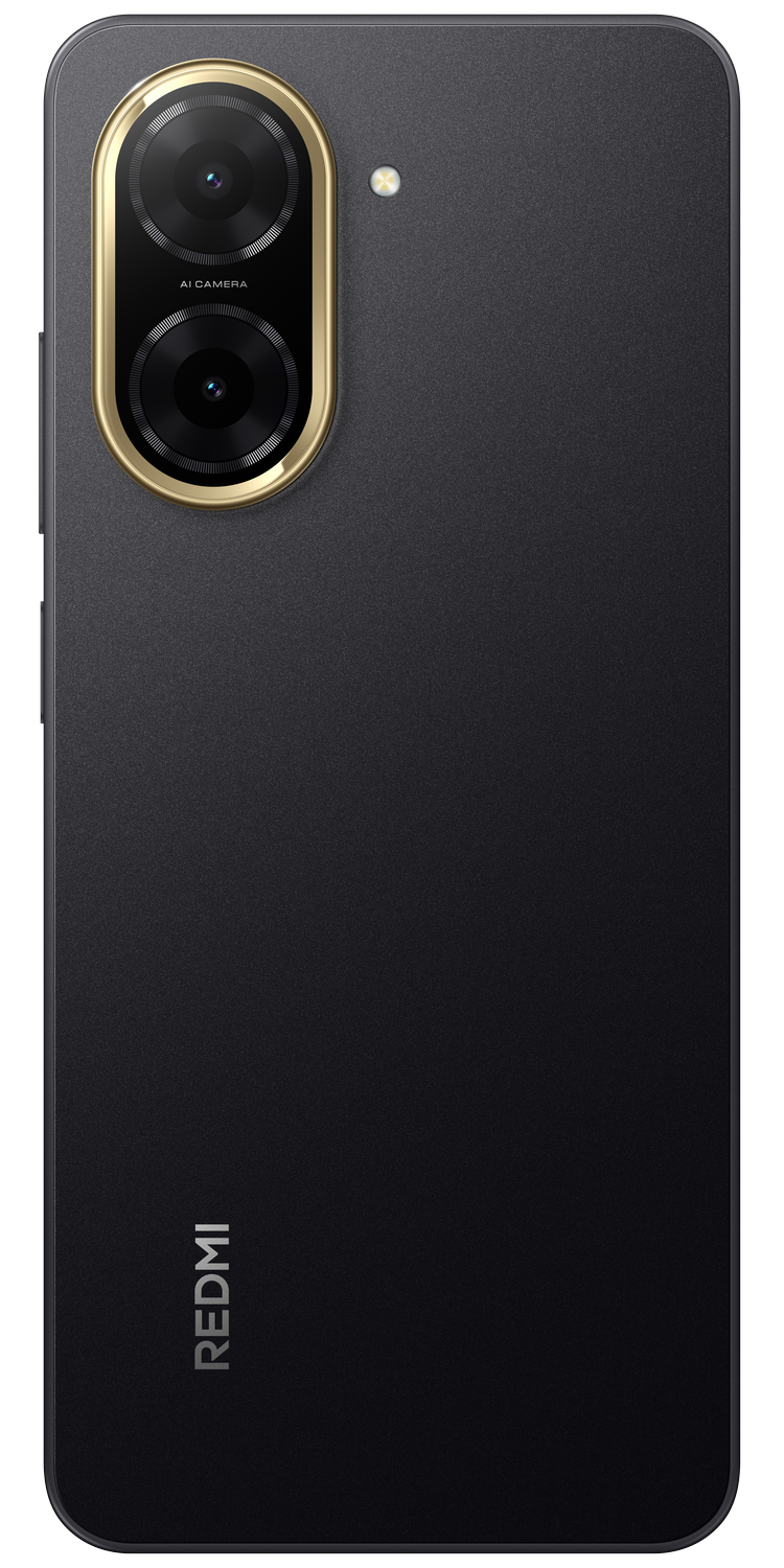 Parte trasera de un teléfono inteligente negro con detalles dorados de la cámara.