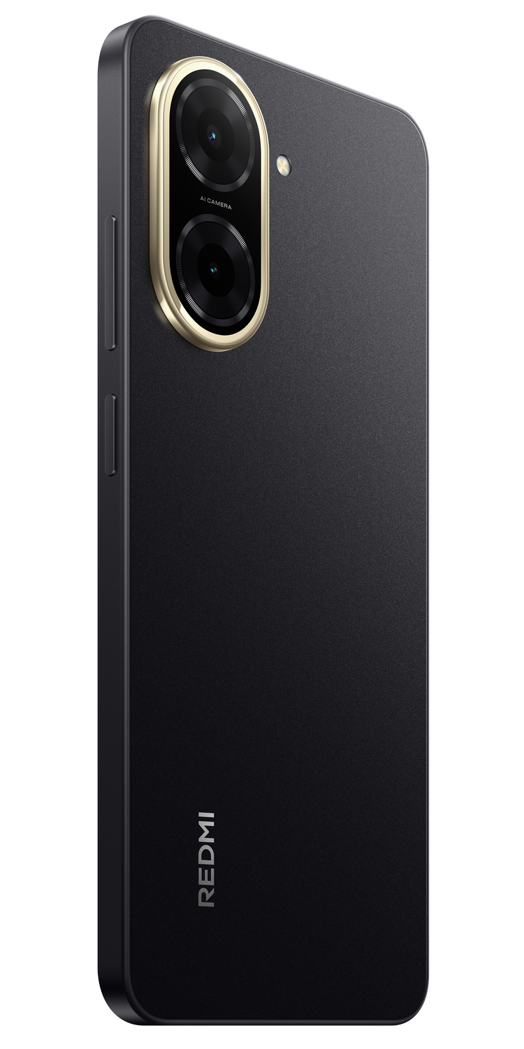 Un teléfono celular negro con acentos dorados de cámara.