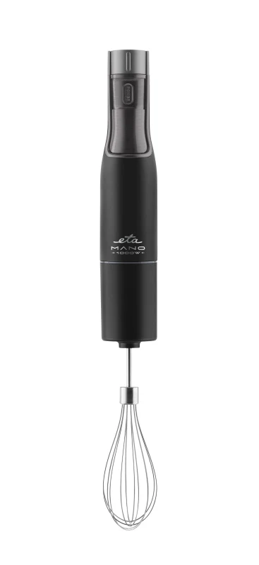 Fekete kézi mixer habverő tartozékkal. A mixer függőlegesen helyezkedik el fehér háttér előtt.