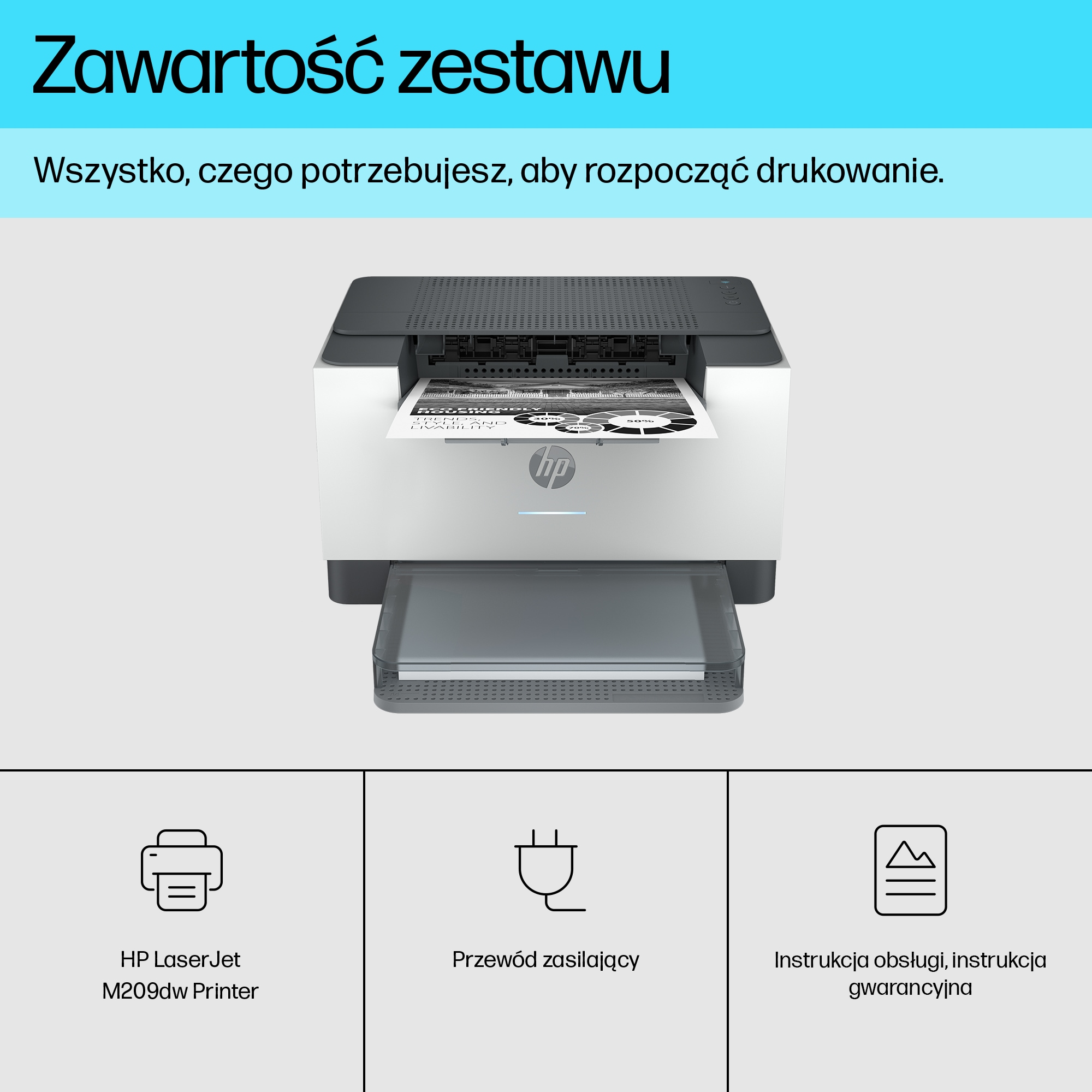 Drukarka HP LaserJet z podajnikiem papieru i dokumentem pokazującym elementy zestawu.