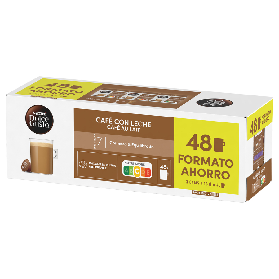 Caja de cápsulas de café con etiqueta "Cafe con Leche".