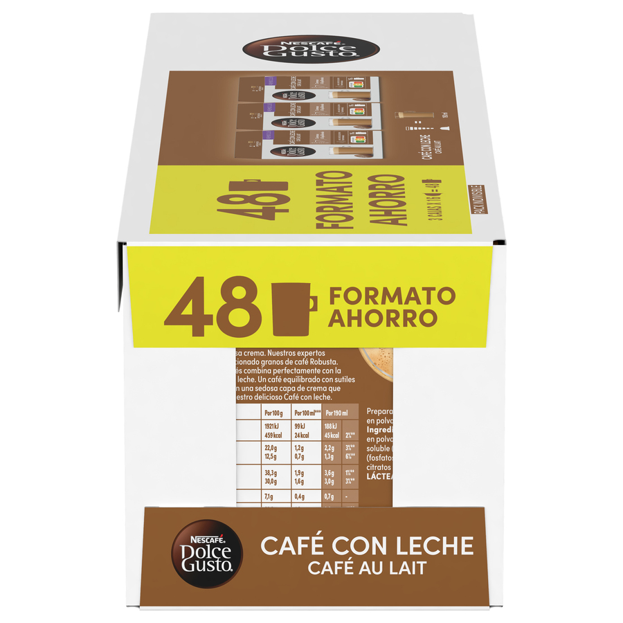 Caja de cápsulas de café Dolce Gusto con el texto '48 FORMATO AHORRO' y cápsulas de café dentro.
