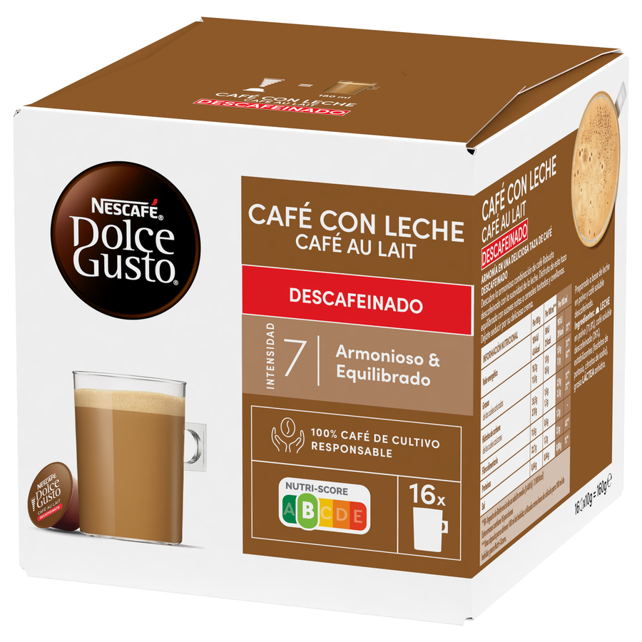Caja de cápsulas de café con leche descafeinado Nescafé Dolce Gusto, con una taza de café.
