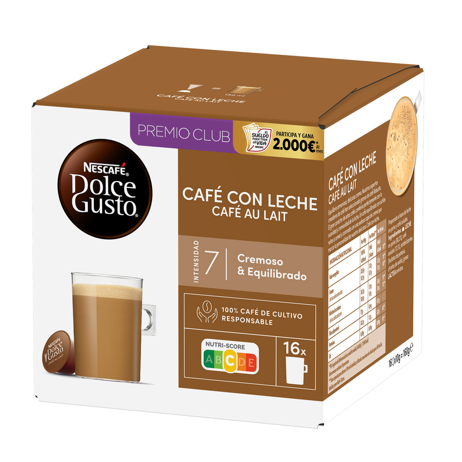 Caja de café: Dolce Gusto, Cafe con Leche, 16 cápsulas, con una taza de café.