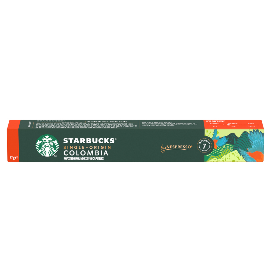 Caja de cápsulas de café Starbucks. Caja verde con información sobre el café y el logotipo de Starbucks.