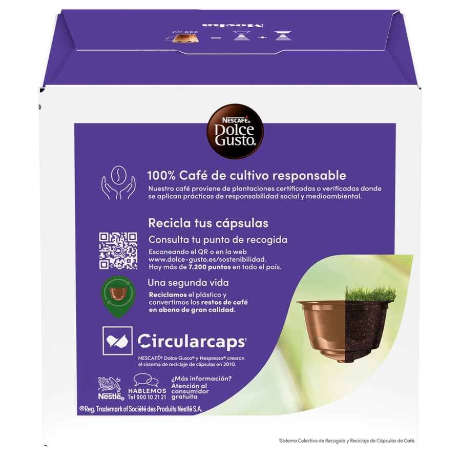 Caja de café morada y blanca con texto. Muestra información de reciclaje y una imagen de cápsula.