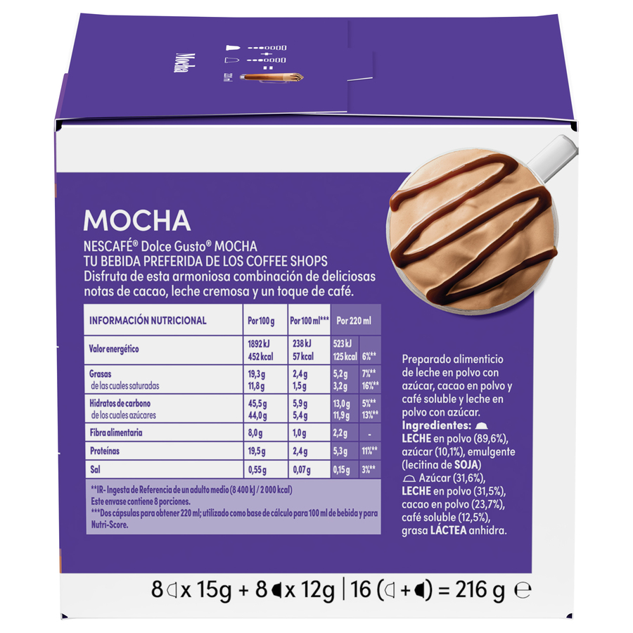 Caja de bebida de café moca con información nutricional e ingredientes.