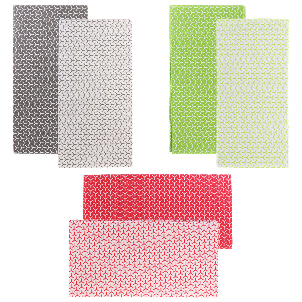 Seis hojas estampadas: gris, blanco, verde, rojo.