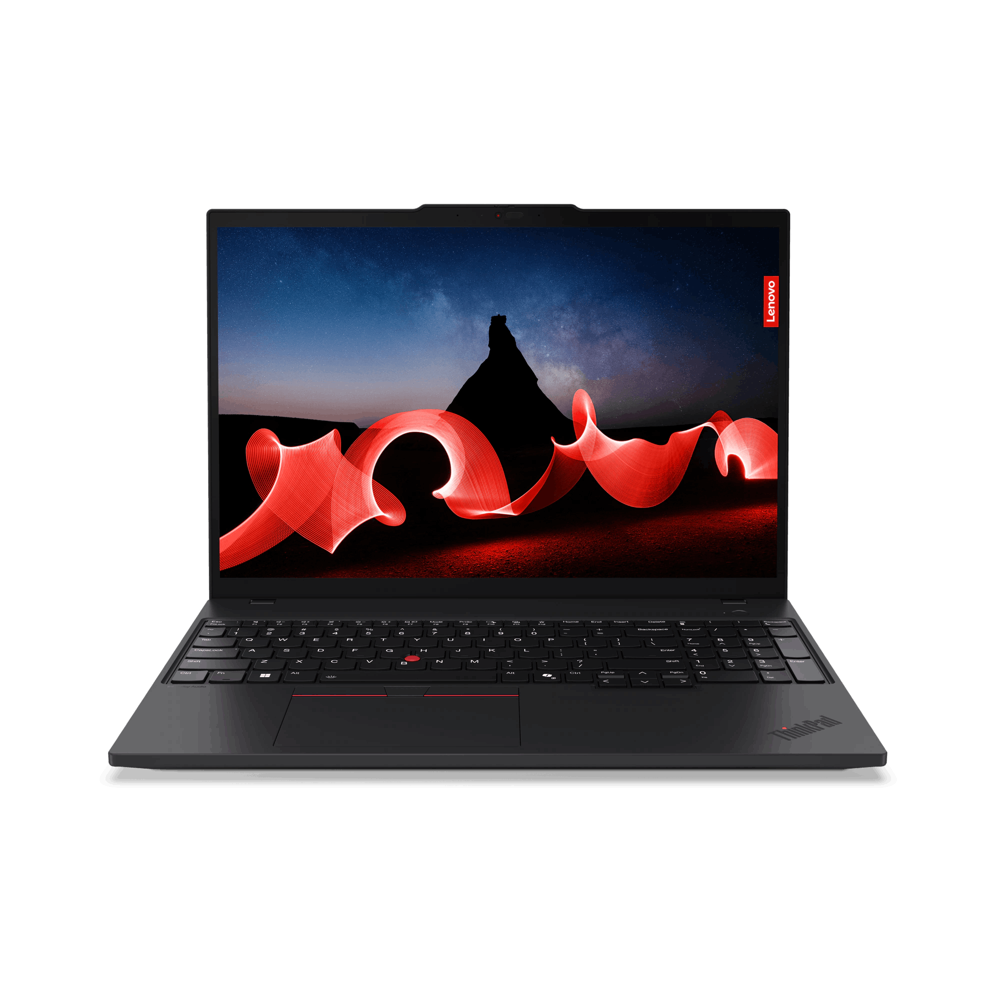 Portátil Lenovo ThinkPad negro abierto. La pantalla muestra un paisaje con rastros de luz roja.