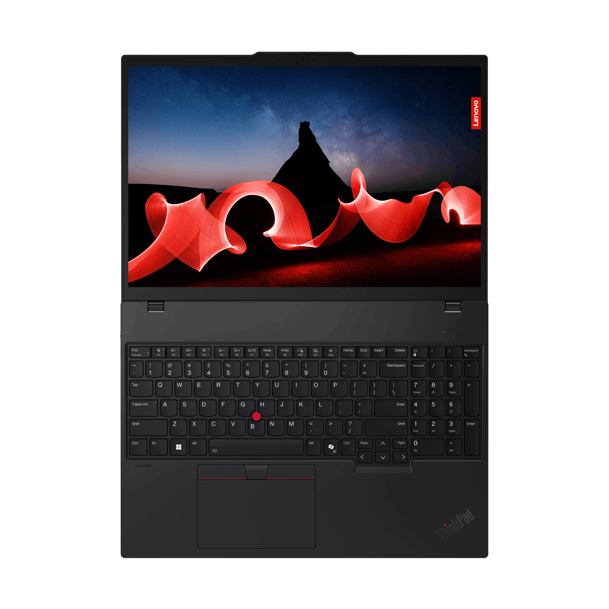 Portátil negro con logo ThinkPad rojo y fondo oscuro.