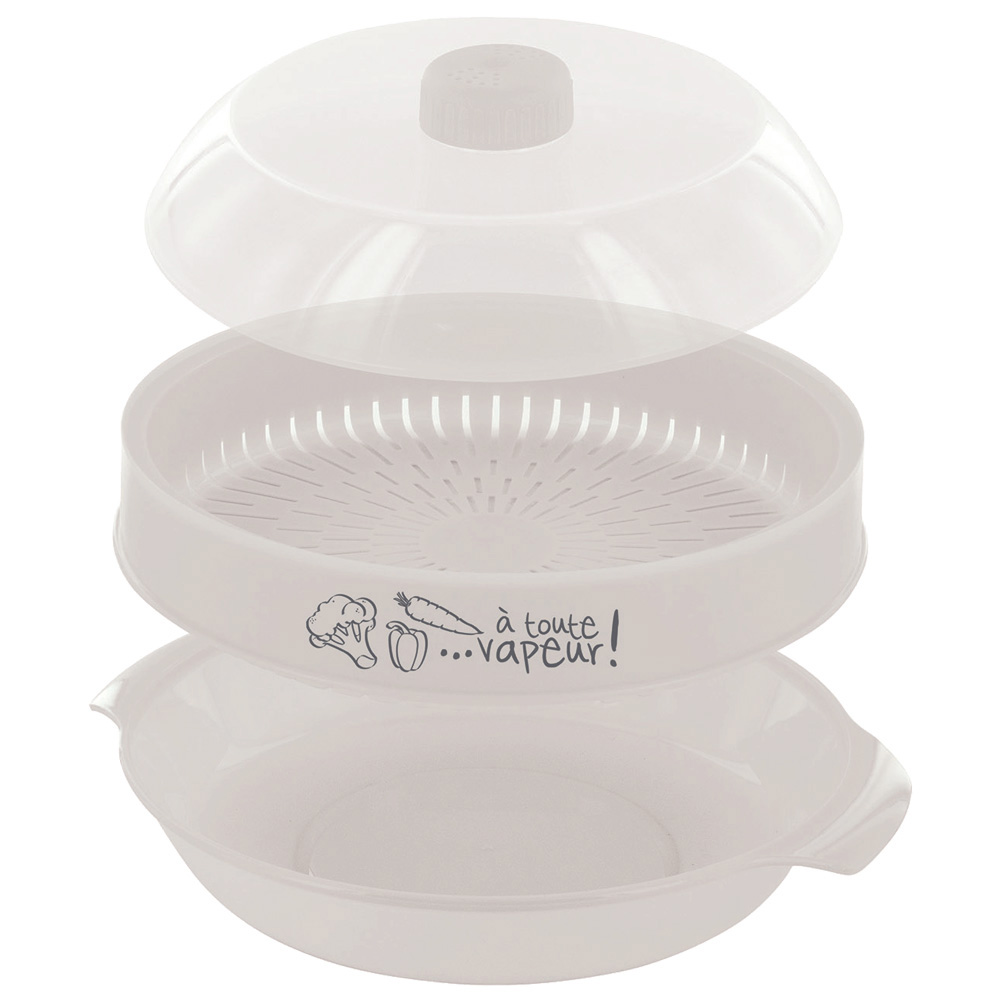 Un vaporizador de alimentos blanco con tres partes apiladas es visible.